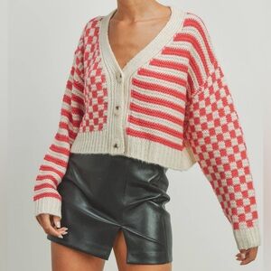 Oversized red + white checkered/striped cropped cardigan
